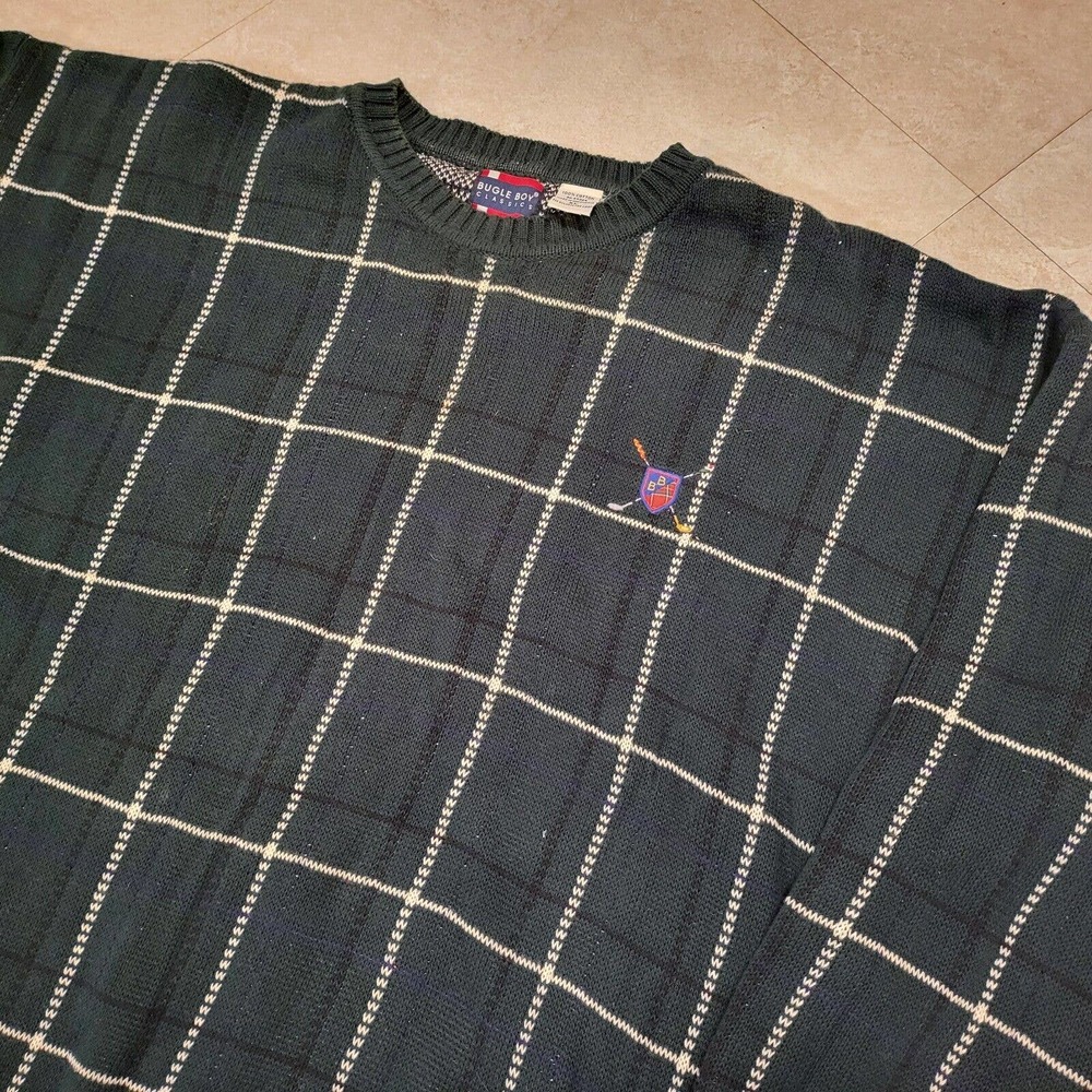VTG Bugle Boy Mens XL Golf Logo‎ Green Plaid Crewneck Knit Cotton Sweater